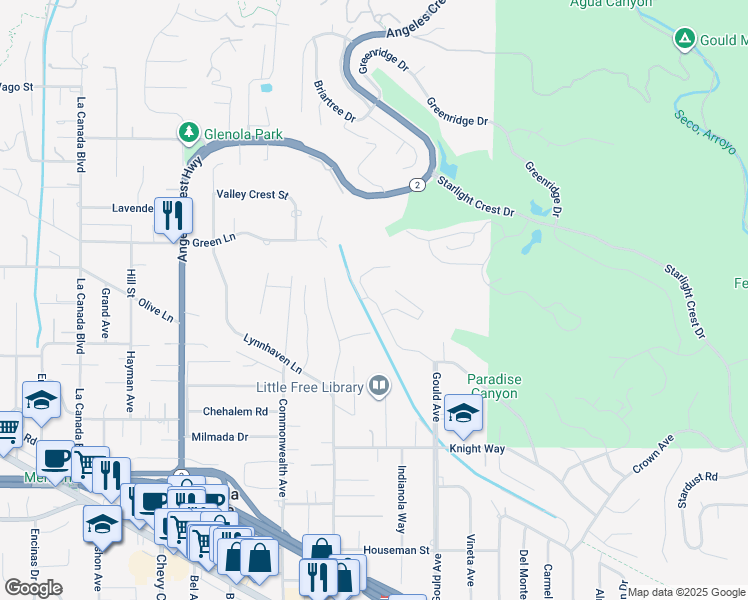 map of restaurants, bars, coffee shops, grocery stores, and more near 5260 Gould Avenue in La Cañada Flintridge