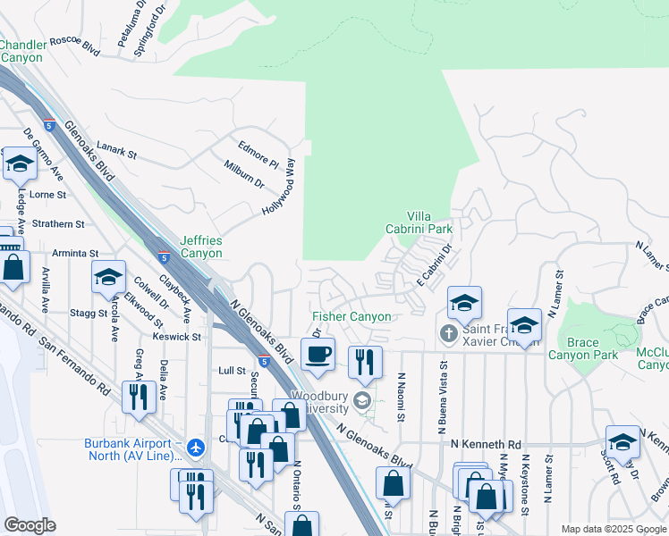 map of restaurants, bars, coffee shops, grocery stores, and more near 9745 Vía Roma in Burbank