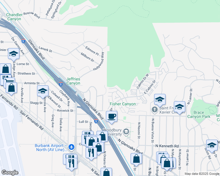 map of restaurants, bars, coffee shops, grocery stores, and more near 9775 Vía Roma in Burbank