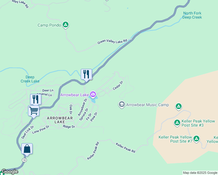 map of restaurants, bars, coffee shops, grocery stores, and more near 33361 Carlock Drive in Running Springs