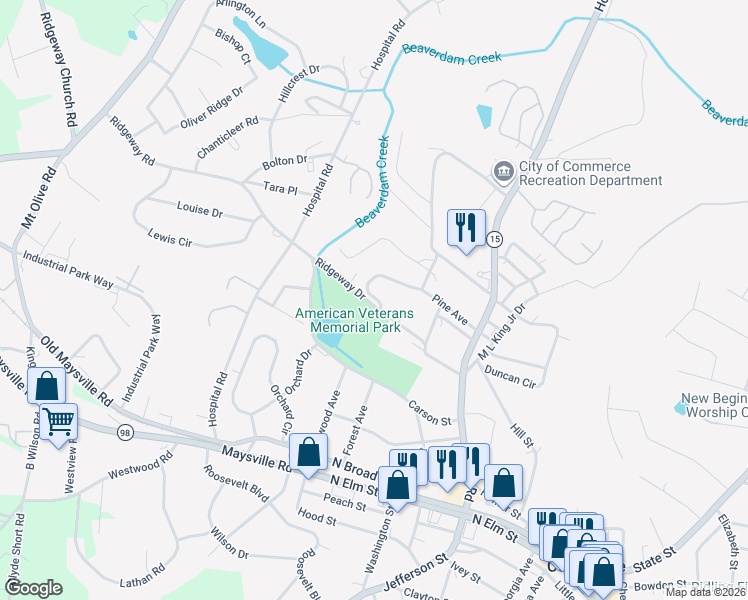 map of restaurants, bars, coffee shops, grocery stores, and more near 300 Ridgeway Drive in Commerce