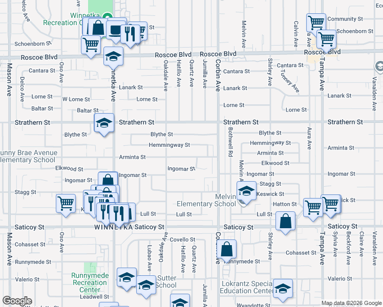 map of restaurants, bars, coffee shops, grocery stores, and more near 19805 Arminta Street in Los Angeles