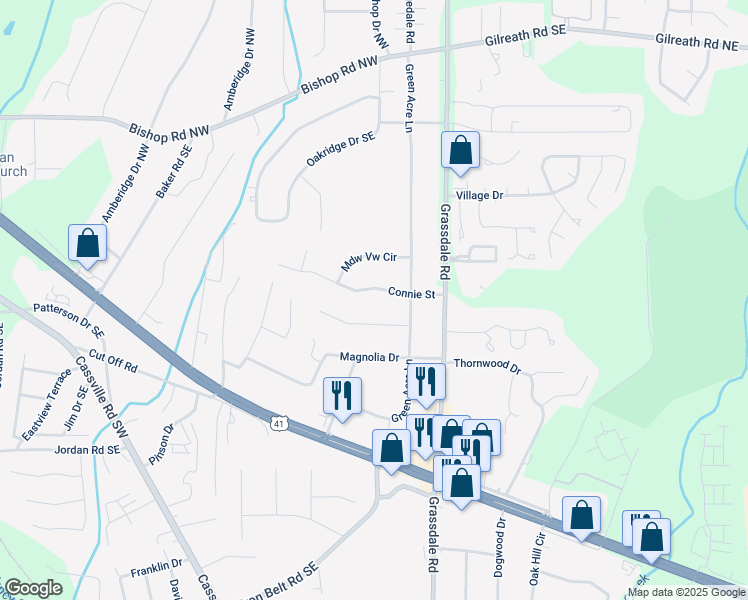 map of restaurants, bars, coffee shops, grocery stores, and more near 8 Connie Street in Cartersville
