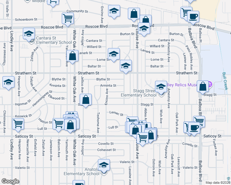 map of restaurants, bars, coffee shops, grocery stores, and more near 17430 Hemmingway Street in Los Angeles