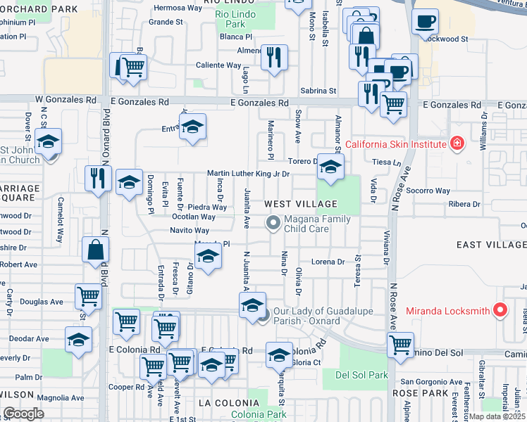 map of restaurants, bars, coffee shops, grocery stores, and more near 1041 Cesar Chavez Drive in Oxnard