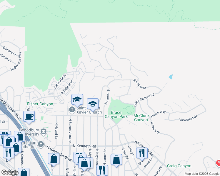 map of restaurants, bars, coffee shops, grocery stores, and more near 3050 North Lamer Street in Burbank