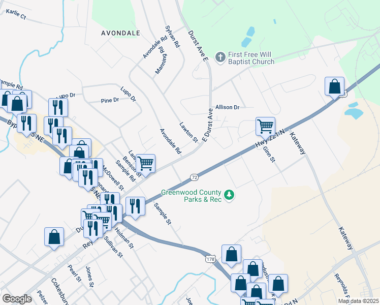 map of restaurants, bars, coffee shops, grocery stores, and more near 1213 East Durst Avenue in Greenwood