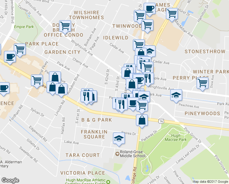 map of restaurants, bars, coffee shops, grocery stores, and more near 4214 Park Avenue in Wilmington