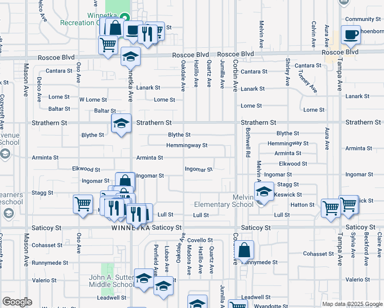 map of restaurants, bars, coffee shops, grocery stores, and more near 19847 Arminta Street in Los Angeles