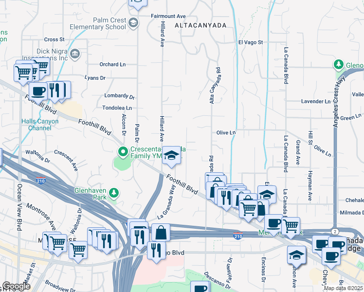 map of restaurants, bars, coffee shops, grocery stores, and more near 4639 El Camino Corto in La Cañada Flintridge