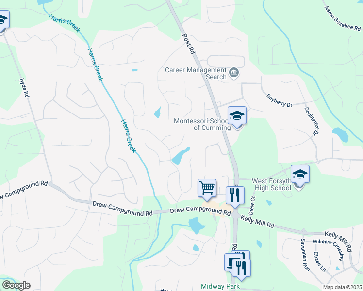 map of restaurants, bars, coffee shops, grocery stores, and more near 3950 Almandine Way in Cumming