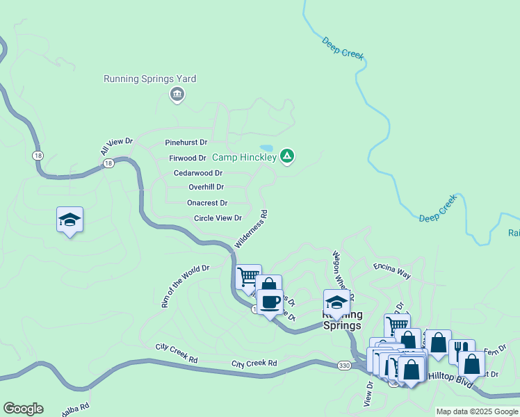 map of restaurants, bars, coffee shops, grocery stores, and more near 2218 Wilderness Road in Running Springs