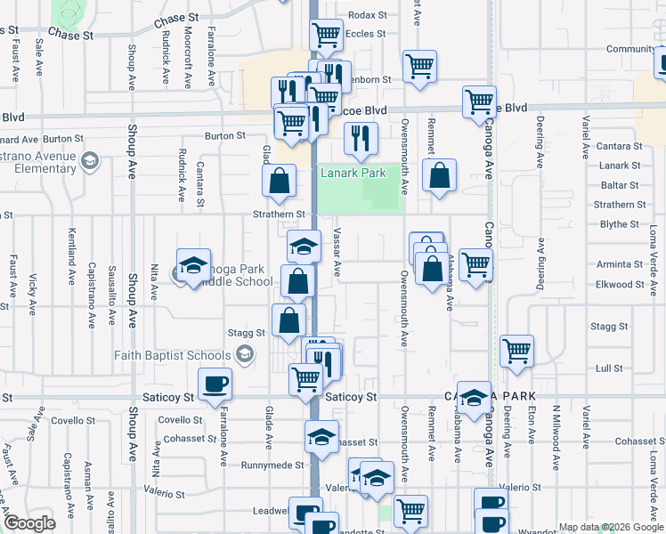 map of restaurants, bars, coffee shops, grocery stores, and more near 7853 Vassar Avenue in Los Angeles