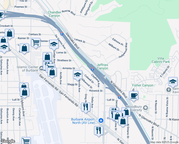 map of restaurants, bars, coffee shops, grocery stores, and more near 7863 Claybeck Avenue in Los Angeles