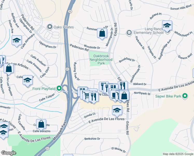 map of restaurants, bars, coffee shops, grocery stores, and more near 1847 Burning Tree Drive in Thousand Oaks