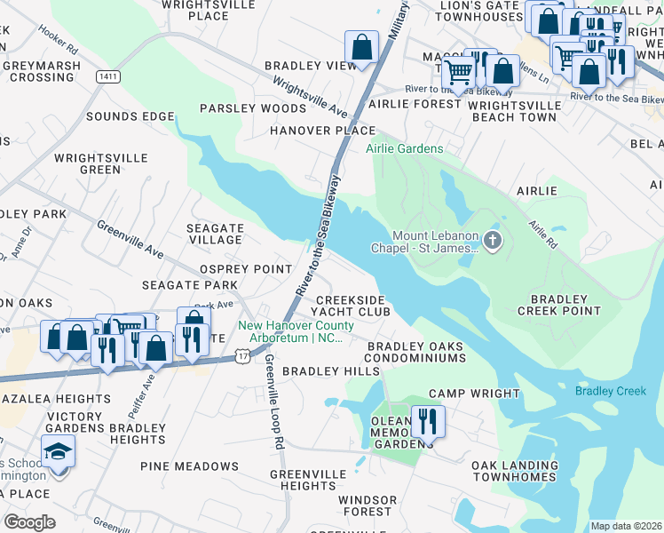 map of restaurants, bars, coffee shops, grocery stores, and more near 6338 Oleander Drive in Wilmington