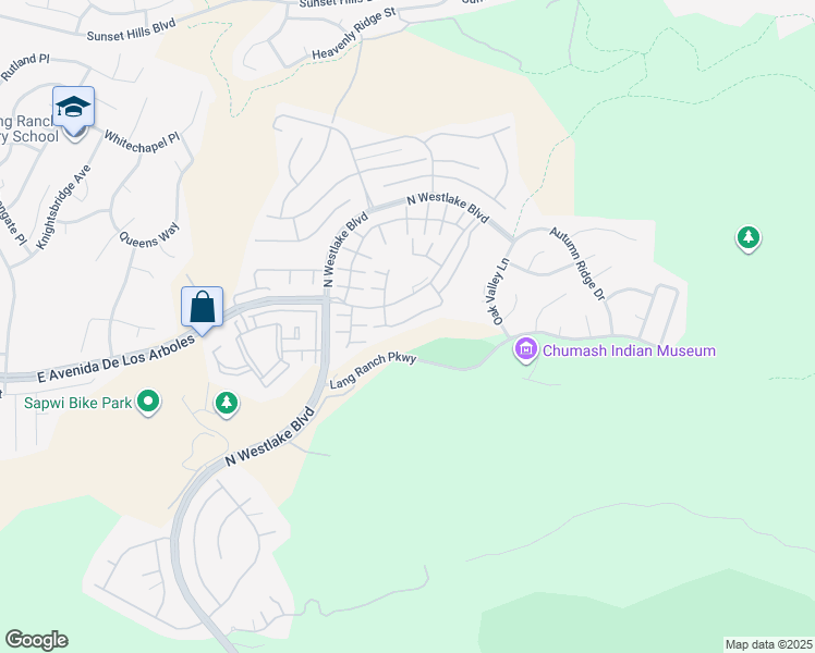 map of restaurants, bars, coffee shops, grocery stores, and more near 3070 Espana Lane in Thousand Oaks