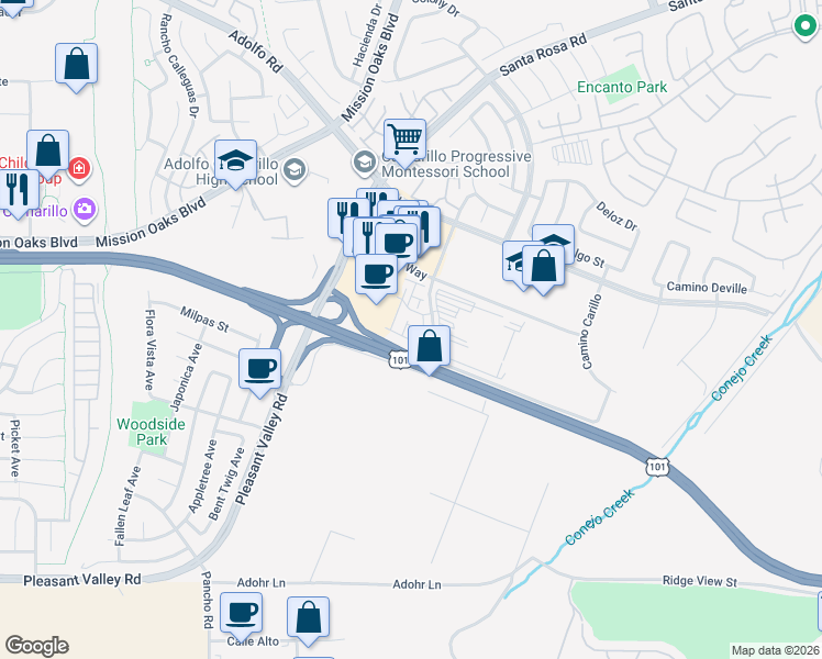 map of restaurants, bars, coffee shops, grocery stores, and more near Pecana Street in Camarillo