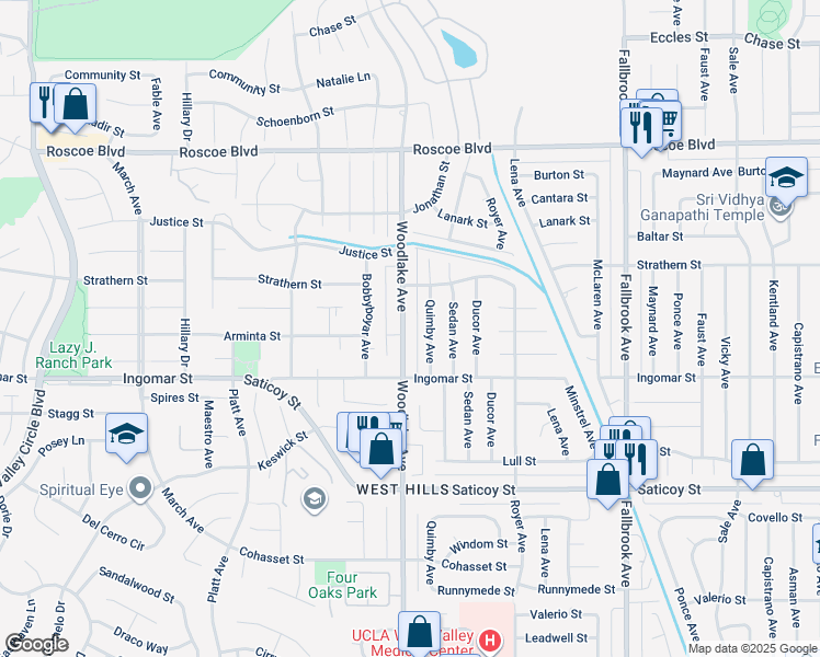 map of restaurants, bars, coffee shops, grocery stores, and more near 7854 Woodlake Avenue in Los Angeles
