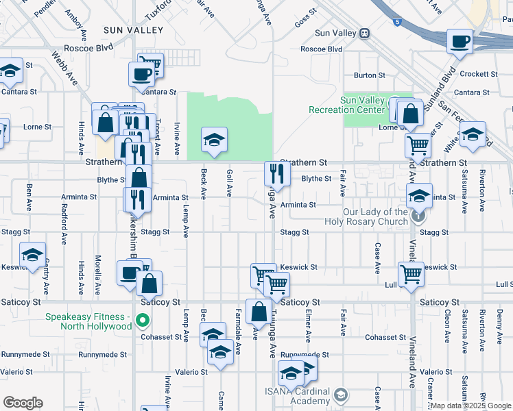 map of restaurants, bars, coffee shops, grocery stores, and more near 11424 Arminta Street in Los Angeles