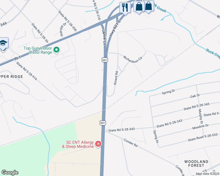 map of restaurants, bars, coffee shops, grocery stores, and more near 265 Kinard Road in Lugoff