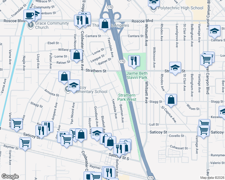 map of restaurants, bars, coffee shops, grocery stores, and more near 7847 Beeman Avenue in Los Angeles