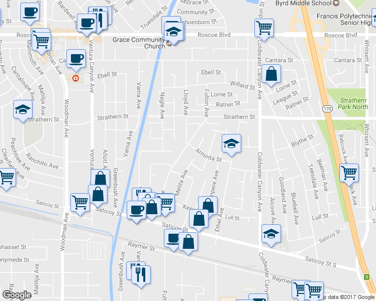 map of restaurants, bars, coffee shops, grocery stores, and more near 7870 Fulton Avenue in Los Angeles