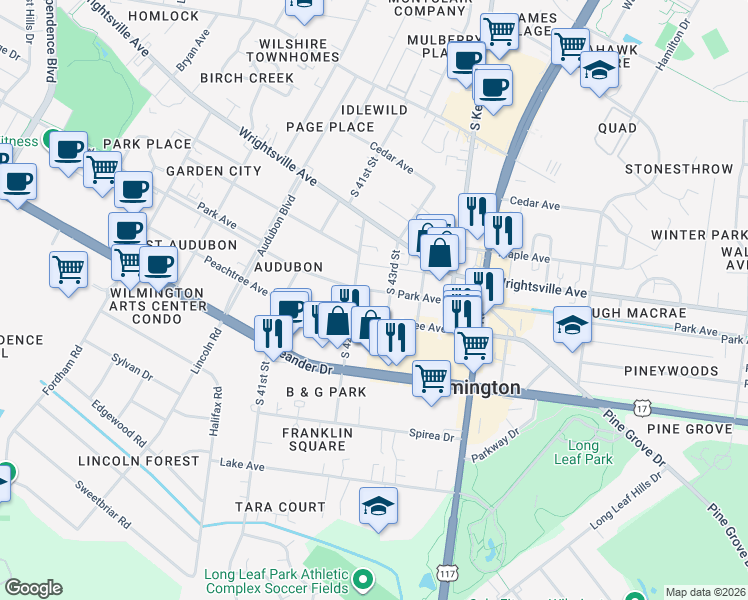 map of restaurants, bars, coffee shops, grocery stores, and more near 4214 Park Avenue in Wilmington