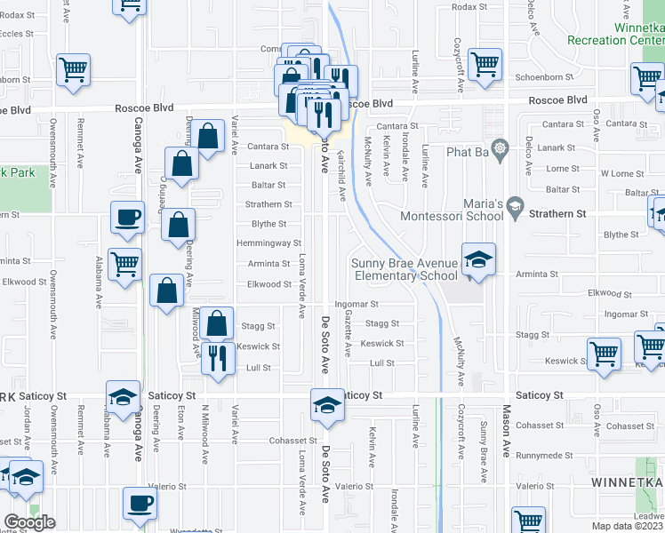 map of restaurants, bars, coffee shops, grocery stores, and more near 7854 De Soto Avenue in Los Angeles