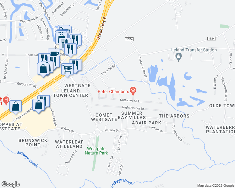 map of restaurants, bars, coffee shops, grocery stores, and more near 251 Ray Court in Leland