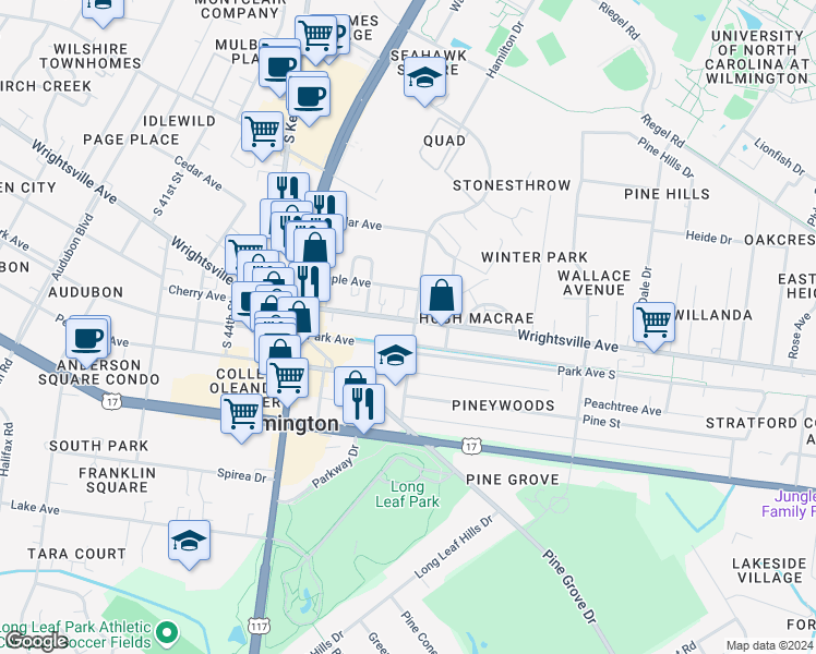 map of restaurants, bars, coffee shops, grocery stores, and more near 4816 Wrightsville Avenue in Wilmington