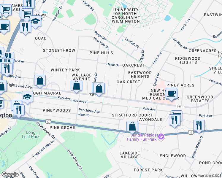 map of restaurants, bars, coffee shops, grocery stores, and more near 208 Jordan Lane in Wilmington