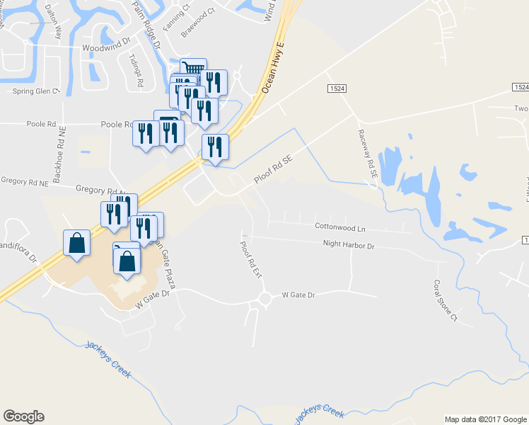 map of restaurants, bars, coffee shops, grocery stores, and more near 225 Birch Creek Road in Leland