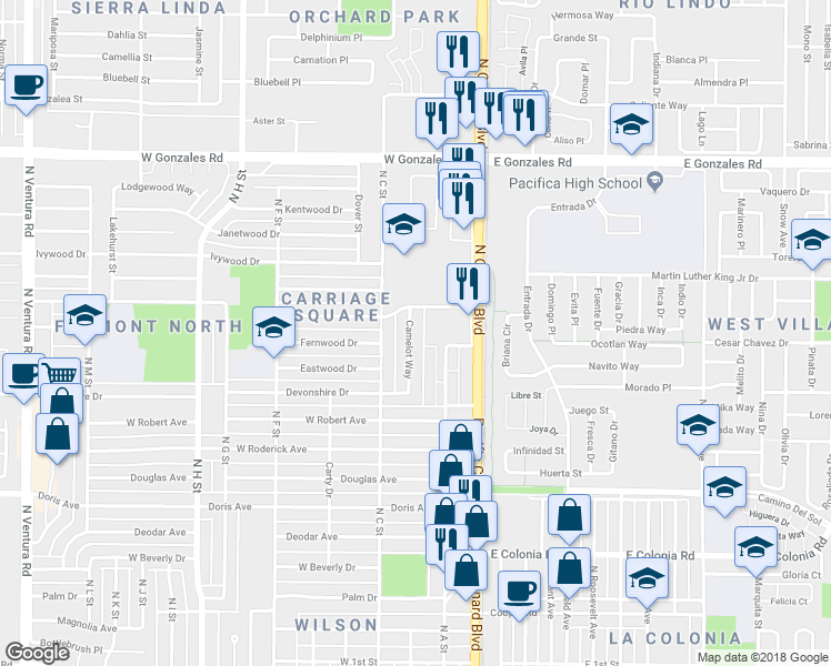 map of restaurants, bars, coffee shops, grocery stores, and more near 1220 Camelot Way in Oxnard