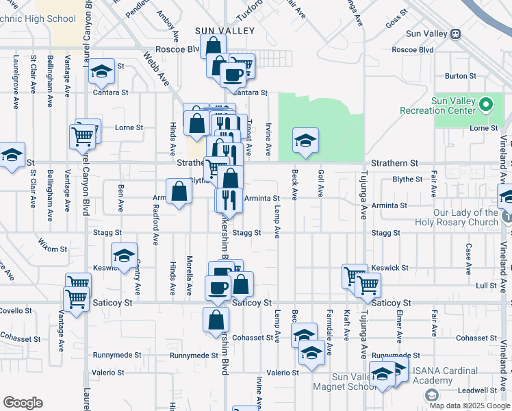 map of restaurants, bars, coffee shops, grocery stores, and more near 7851 Irvine Avenue in Los Angeles
