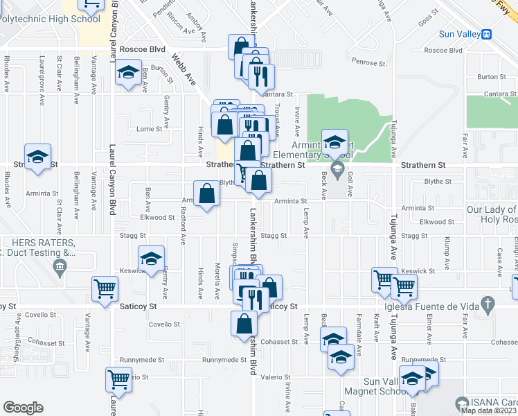 map of restaurants, bars, coffee shops, grocery stores, and more near 7848 Lankershim Boulevard in Los Angeles