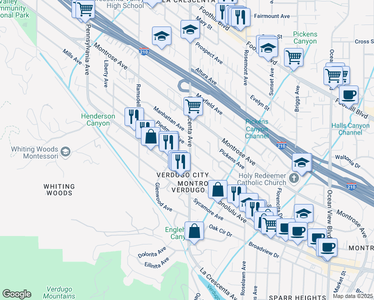 map of restaurants, bars, coffee shops, grocery stores, and more near 2806 Piedmont Avenue in Glendale