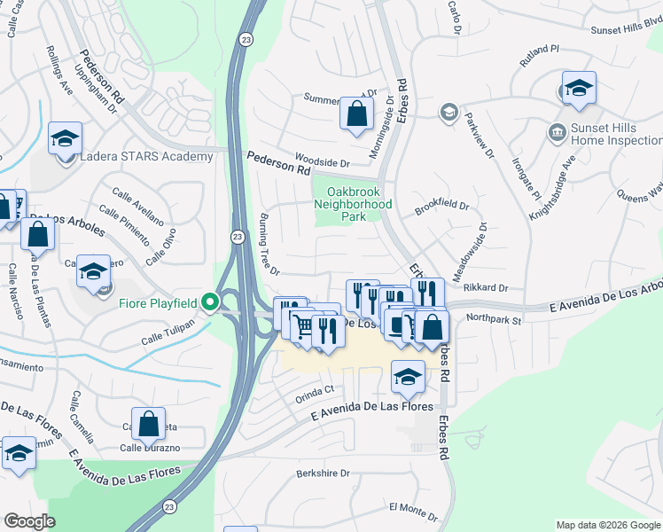 map of restaurants, bars, coffee shops, grocery stores, and more near 1825 Burning Tree Drive in Thousand Oaks