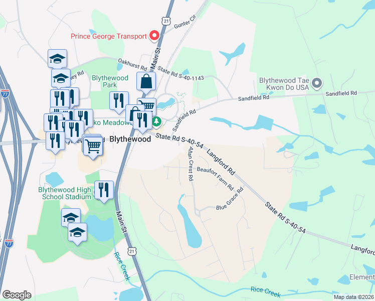 map of restaurants, bars, coffee shops, grocery stores, and more near 300-346 State Road S-40-54 in Blythewood