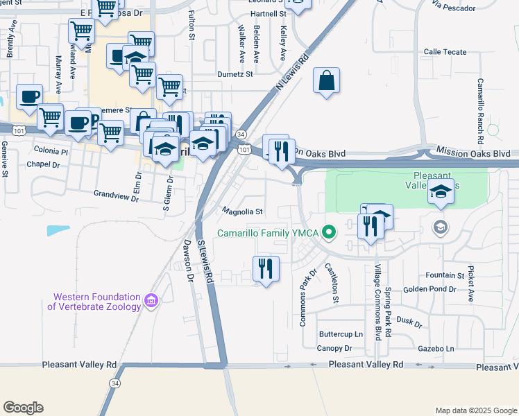 map of restaurants, bars, coffee shops, grocery stores, and more near 2821 Magnolia Street in Camarillo