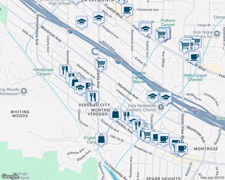 map of restaurants, bars, coffee shops, grocery stores, and more near 2666 Raymond Avenue in Glendale