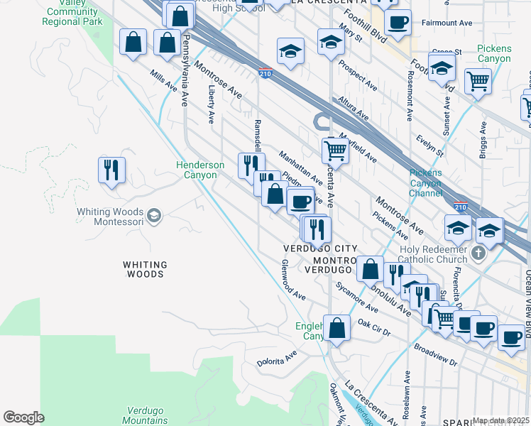 map of restaurants, bars, coffee shops, grocery stores, and more near 2950 Honolulu Avenue in Glendale