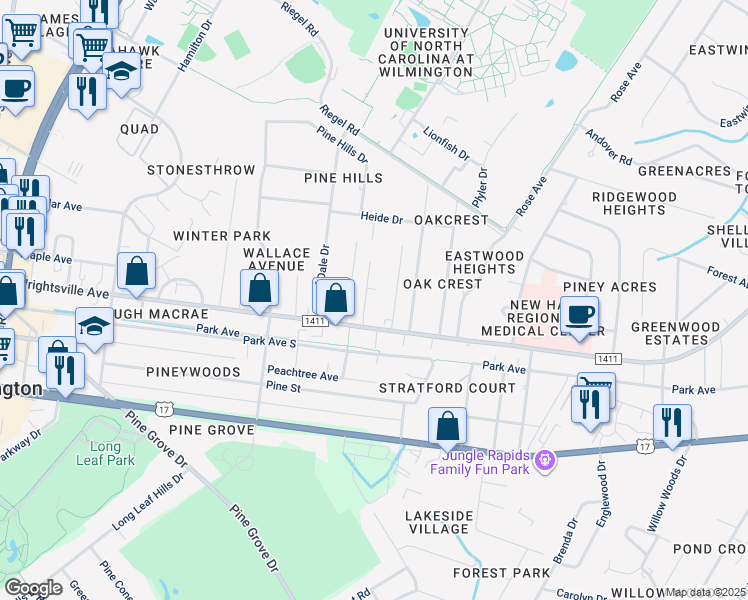 map of restaurants, bars, coffee shops, grocery stores, and more near 212 Woodland Drive in Wilmington