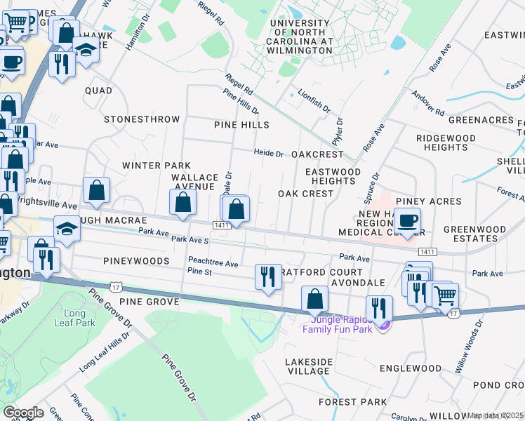 map of restaurants, bars, coffee shops, grocery stores, and more near 208 Jordan Lane in Wilmington