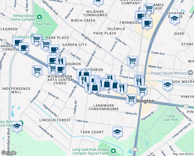 map of restaurants, bars, coffee shops, grocery stores, and more near 4111 Peachtree Avenue in Wilmington