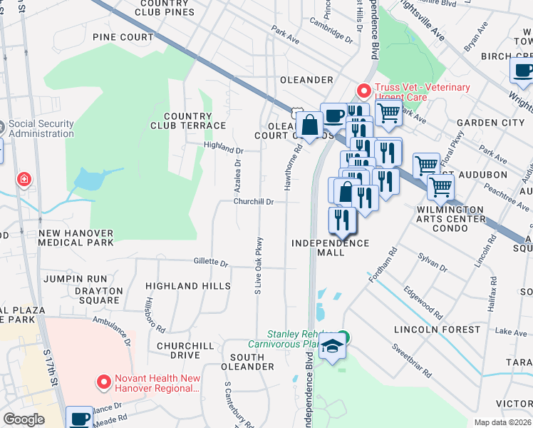 map of restaurants, bars, coffee shops, grocery stores, and more near 1805 S Live Oak Pkwy in Wilmington