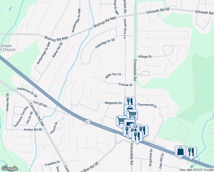 map of restaurants, bars, coffee shops, grocery stores, and more near 14 Connie Street in Cartersville