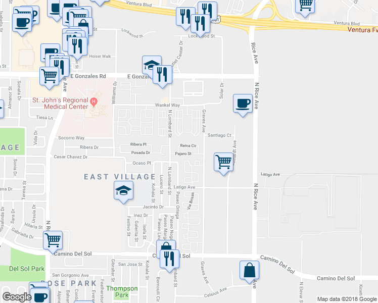 map of restaurants, bars, coffee shops, grocery stores, and more near 2237 Pajaro Street in Oxnard