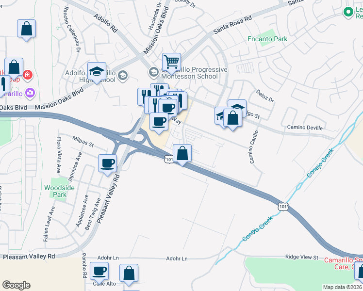 map of restaurants, bars, coffee shops, grocery stores, and more near 425 Camino Ruiz in Camarillo