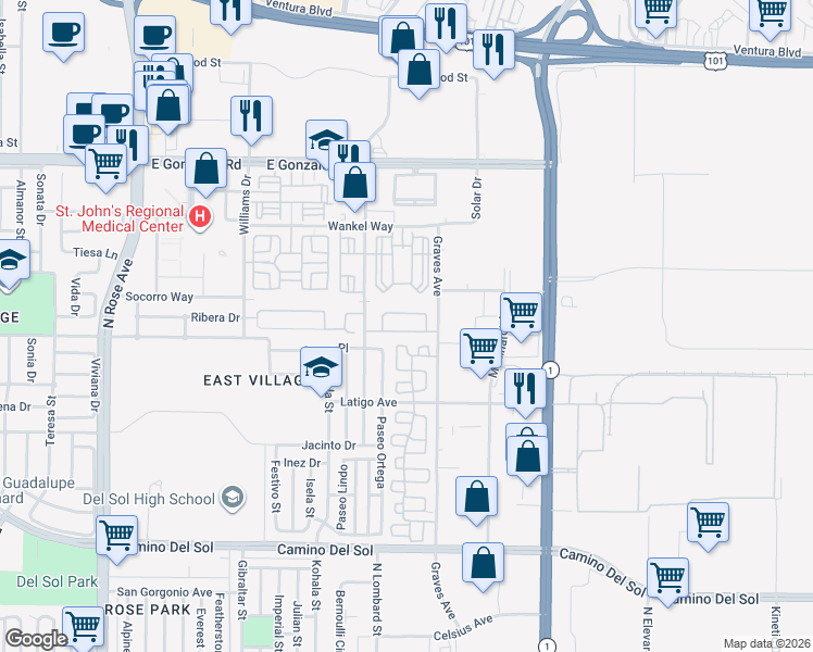 map of restaurants, bars, coffee shops, grocery stores, and more near 2237 Pajaro Street in Oxnard
